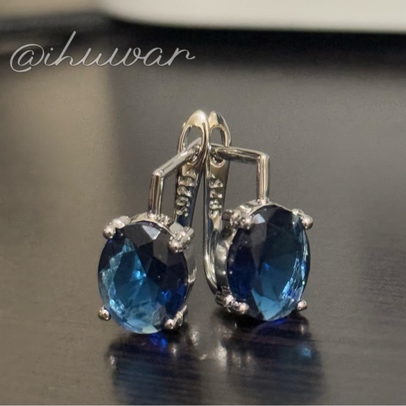 Oval Blue Diamond  925 Sterling Sliver earrings - Picture 7 of 12
